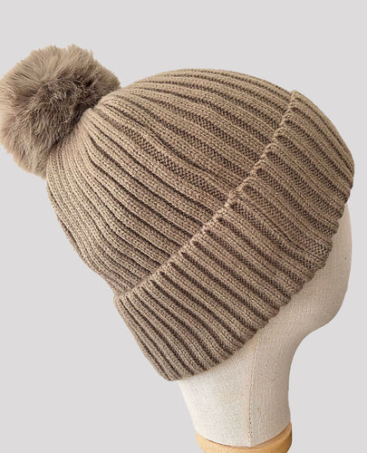 Wool Blend Ribbed Knit & Faux Fur Pom Pom Beanie Hat - Camel