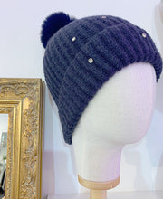 Load image into Gallery viewer, Stella Diamond Faux Fur Pom Pom Beanie Hat - Navy