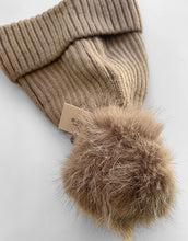 Load image into Gallery viewer, Wool Blend Ribbed Knit &amp; Faux Fur Pom Pom Beanie Hat - Camel