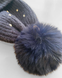 Stella Diamond Faux Fur Pom Pom Beanie Hat - Navy