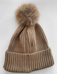 Wool Blend Ribbed Knit & Faux Fur Pom Pom Beanie Hat - Camel