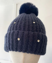 Load image into Gallery viewer, Stella Diamond Faux Fur Pom Pom Beanie Hat - Navy