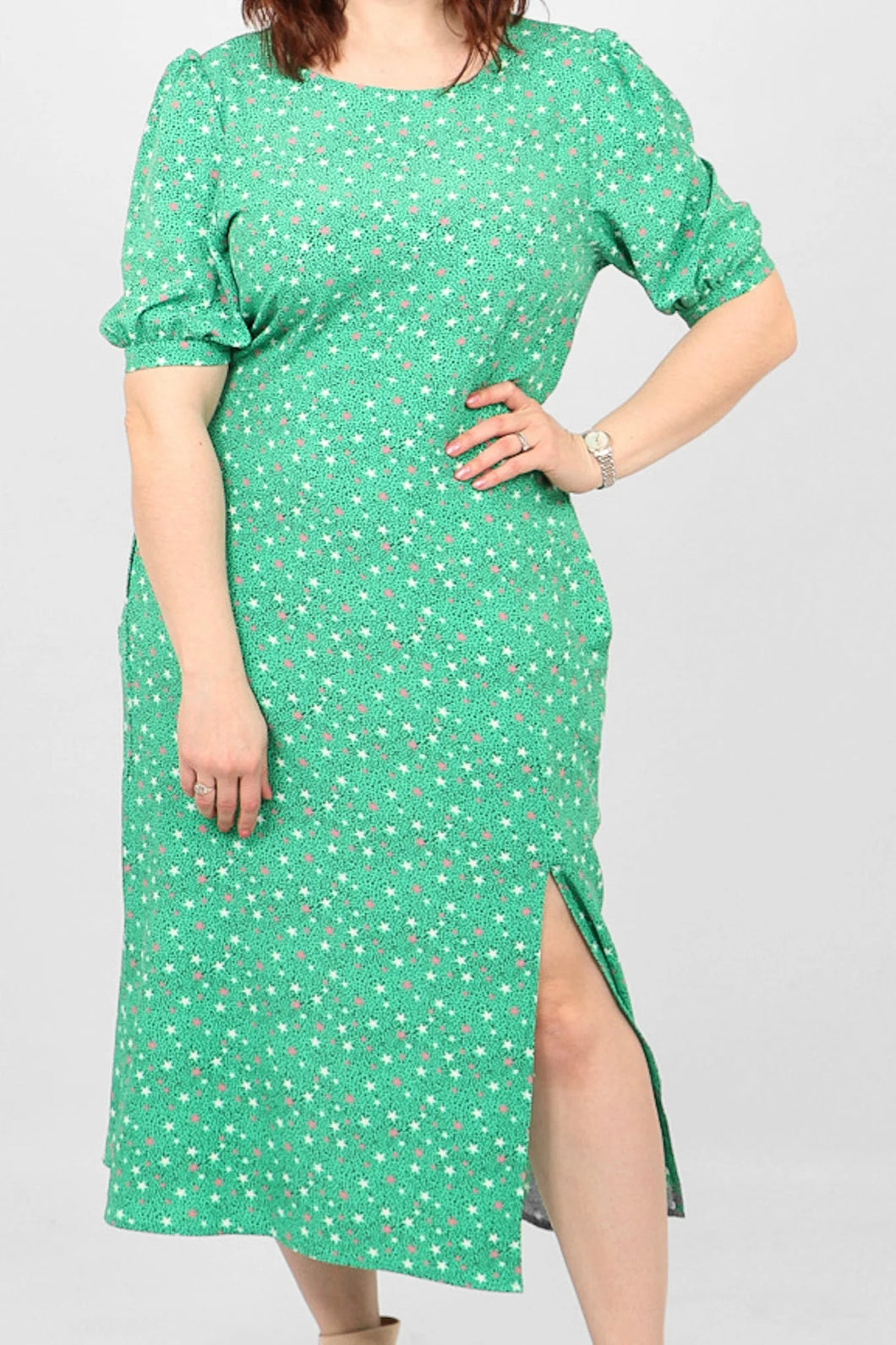 Carys Star & Dot Puff Sleeve Midi Dress - Green