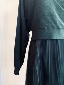 Isobel 2-in-1 Layered Wool Blend & Pleated Dress  - Dark Green