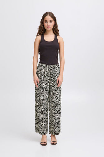 ICHI Linno Diamond Ikat Print Linen Blend Trousers - Black & White