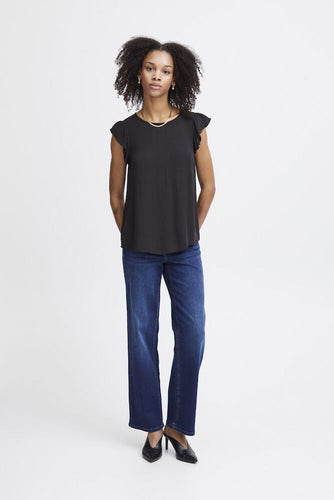 ICHI Marrakech Short Frill Sleeve Top - Black