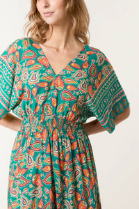 Clarissa Paisley Print Midi Dress - Green & Orange