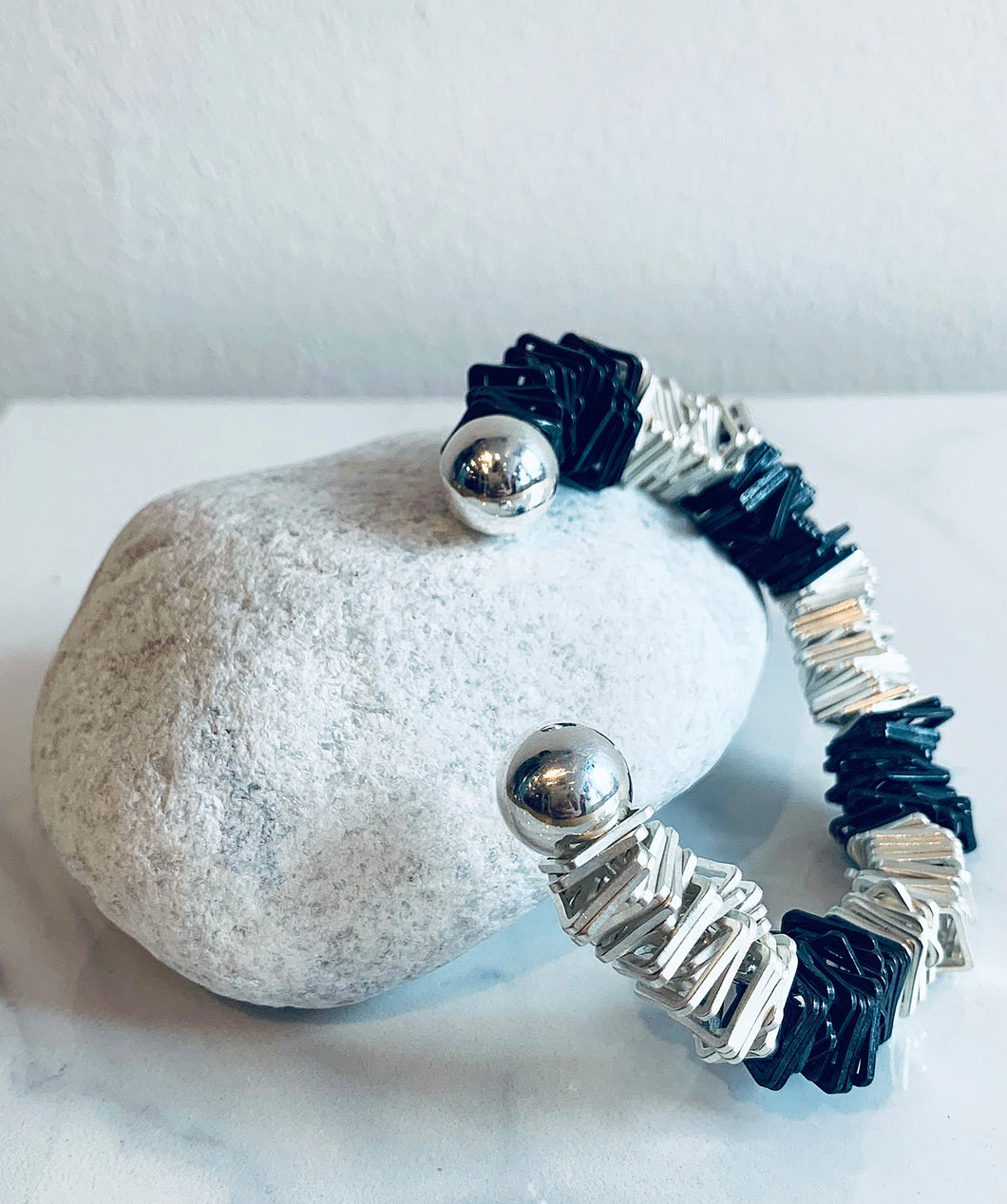 Silver & Black Large Square Ring Open Bangle