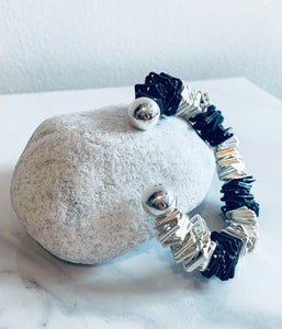 Silver & Black Large Square Ring Open Bangle