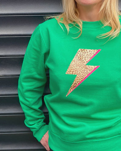 Neon Marl Leopard Bolt Flash Cotton Sweatshirt - Kelly Green/Neon Pink