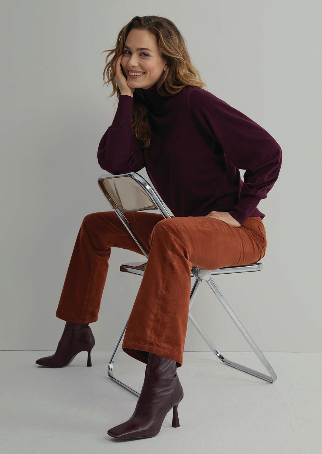 Red Button Sweet Roll Neck Wool Blend Jumper - Aubergine