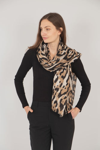 Leopard Print & Metallic Stripe Scarf - Tan & Black