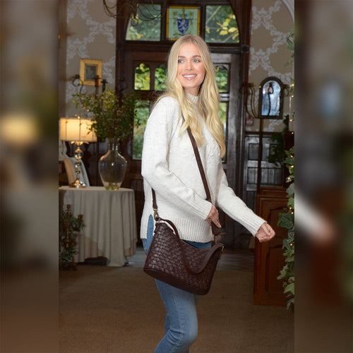 Droitwich Vintage Leather Woven Hand Bag - Dark Brown
