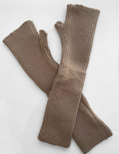 Ribbed Knit Long Wrist Warmer Gloves - Camel
