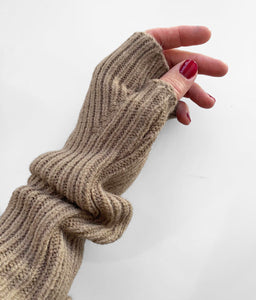 Ribbed Knit Long Wrist Warmer Gloves - Camel