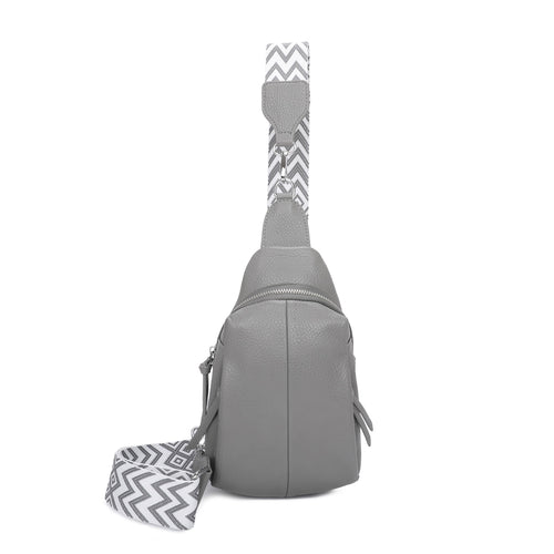 Becky Faux Leather Sling Bag With Printed Fabric Strap - Grey
