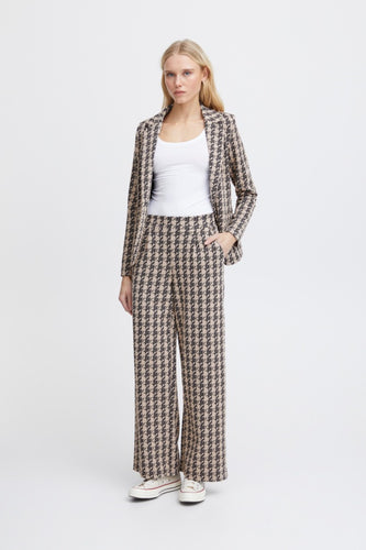 ICHI Kate Wide Legged Jersey Houndstooth Trousers - Doeskin