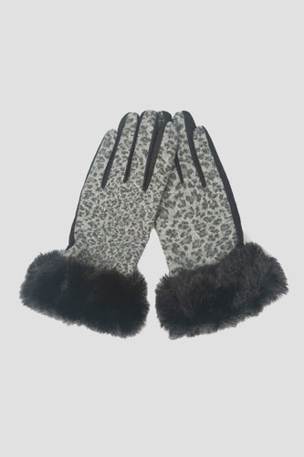 Leopard Print & Faux Fur Trim Gloves - Grey & Black
