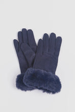Load image into Gallery viewer, Zara Velvet Style Faux Fur Trim Gloves - Navy Blue