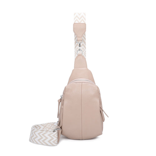Becky Faux Leather Sling Bag With Printed Fabric Strap - Beige