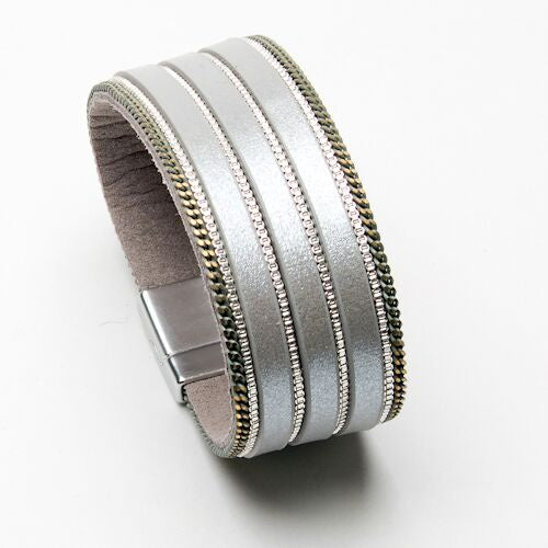 Silver Diamante & Gold Chain Leather Cuff Bracelet