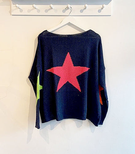 Nova Neon Star Fine Knit Cotton Blend Jumper - Navy