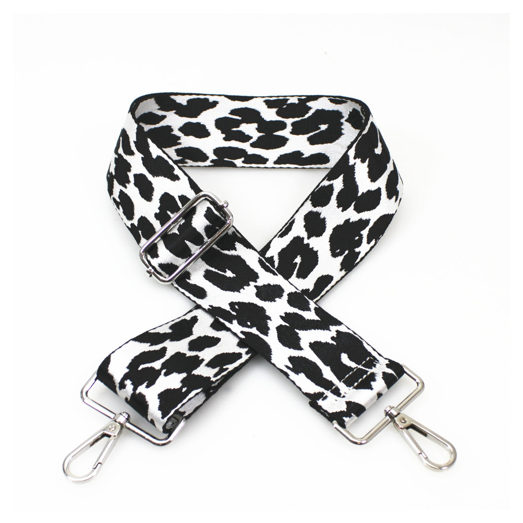 Printed Bag Strap White Black Leopard Print